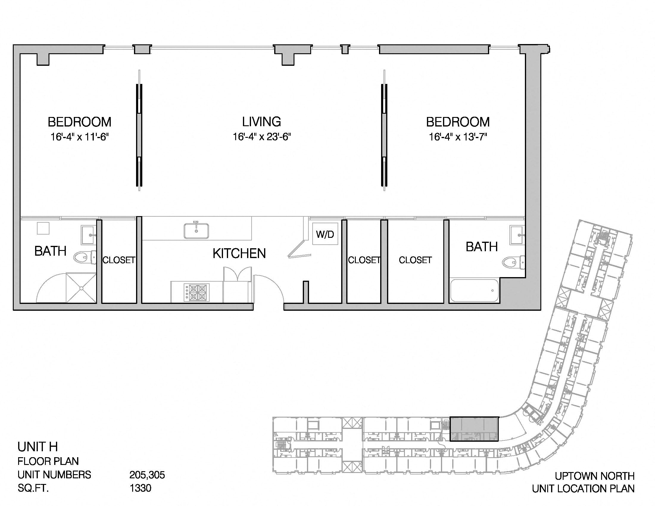 Floor plan for 2 beds, 2 baths, 1330 sqft